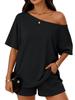 Women's Two Piece Outfits Off  Shoulder Loose  and Shorts Set with Pockets