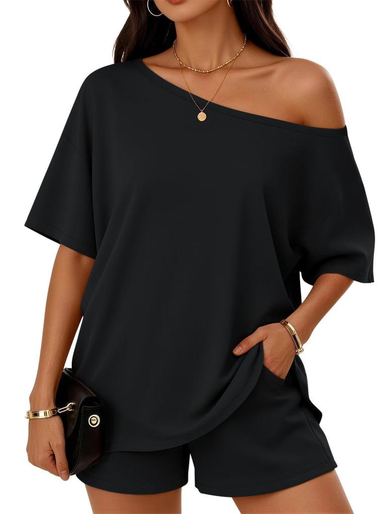Women's Two Piece Outfits Off Shoulder Loose and Shorts Set with Pockets