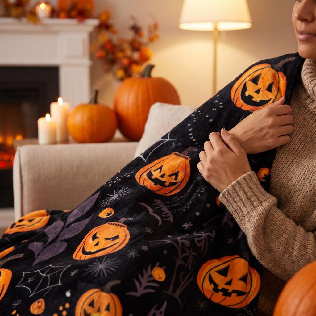 Halloween Flannel Throw Blanket for Couch, Sofa, Bed, Cozy Fall Home Decor