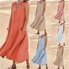 Ladies Summer Cotton Linen Dress European American Style Round Neck Sleeveless Pocket