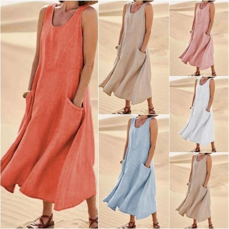 Ladies Summer Cotton Linen Dress European American Style Round Neck Sleeveless Pocket