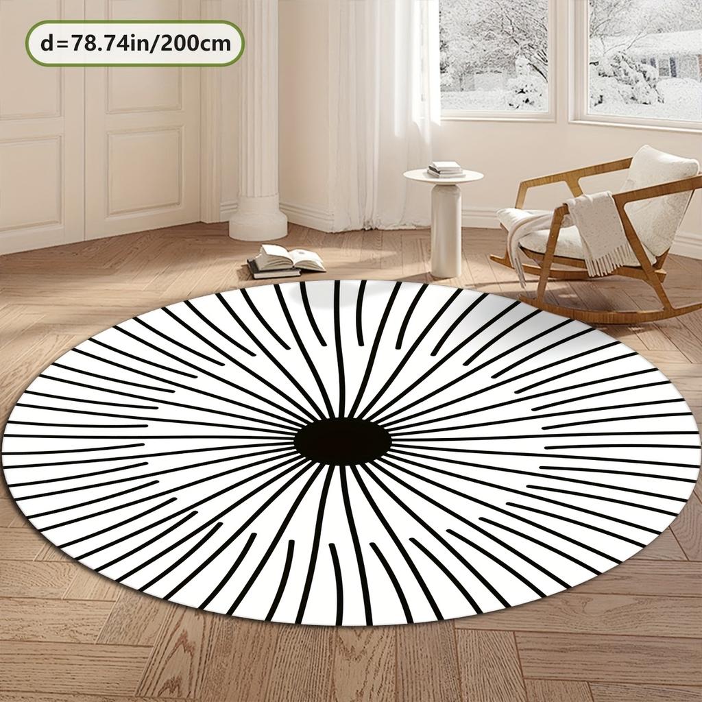 Crystal velvet carpet Modern Round Area Mat -  Crystal Velvet, Non-Slip Dot Backing, Black & White Line Design,