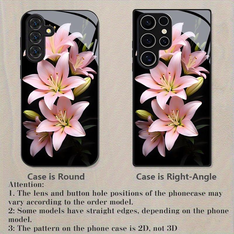 Pink Lily Flower Black Glass Phone Case Suitable for Samsung Galaxy S26 S25 S24 S22 S21 S20 FE/Ultra/Plus Anti Drop Back Cover