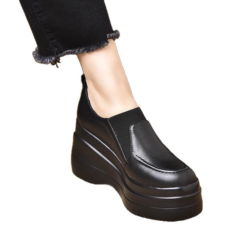 European station soft leather heightening waterproof platform thick-soled muffin shoes super high heel wedge heel heightening single shoes women