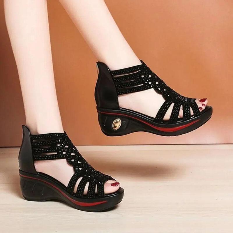 Sandalias de tacón alto con cuña para mujer, piel sintética, cuero suave, aumento de suela gruesa, estilo romano Retro hueco, verano