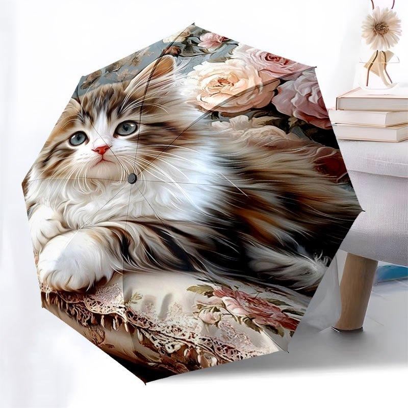 Floral Pillow with Cute Kitten Design-Soft and Comfortable Home DecorUmbrella with Cute Design,Portable 3-Fold Compact Umbrella for Men&Wome