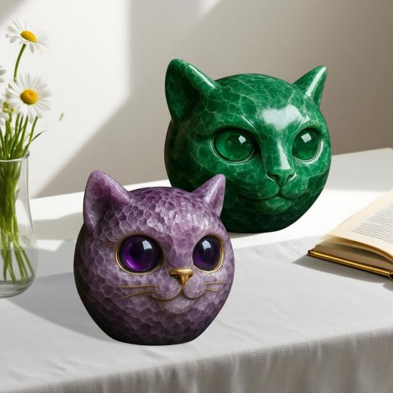 Handmade Cat Stone Imitation Crystal Cat Head Sculpture Resin Healing