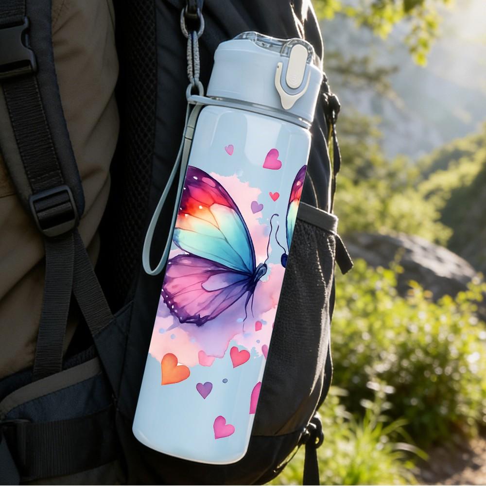 1PC Colorful Butterfly Wing Art Print 750ml Color Plastic Sports Water Bottle Leakproof Flip Straw Lid Suitable for Sports Office Home Use