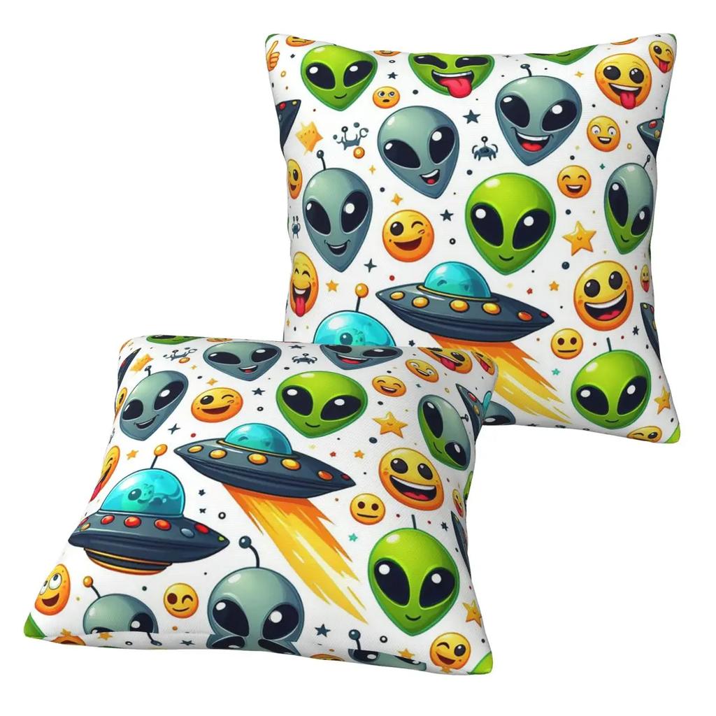 Green Alien And Ufo Pattern 2 Pcs Square Pillowcase Pillow Cover Cushion Decor Comfort Throw Pillow For Home Living Room