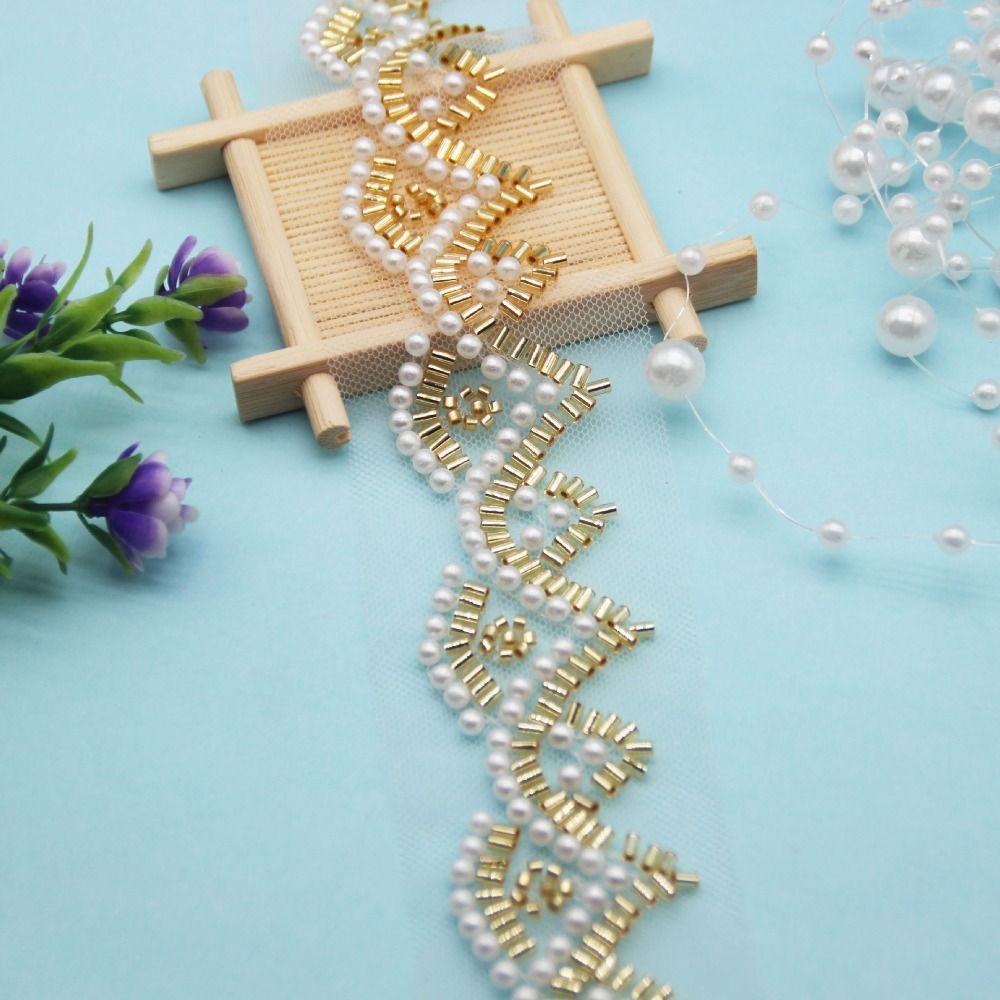 Dentelle Perles d'Ongles Dorées 5 yards Bande de Perles de Verre Collier Ceinture de Taille Accessoire pour Cheveux