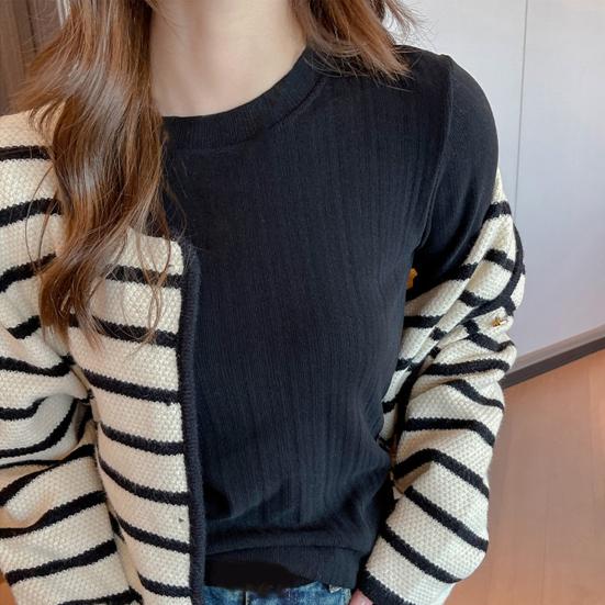 Women Bottom Tops Round Neck Long Sleeve Slim Fit Pullover Tops Solid Color Design Ribbed Texture Tee Shirt