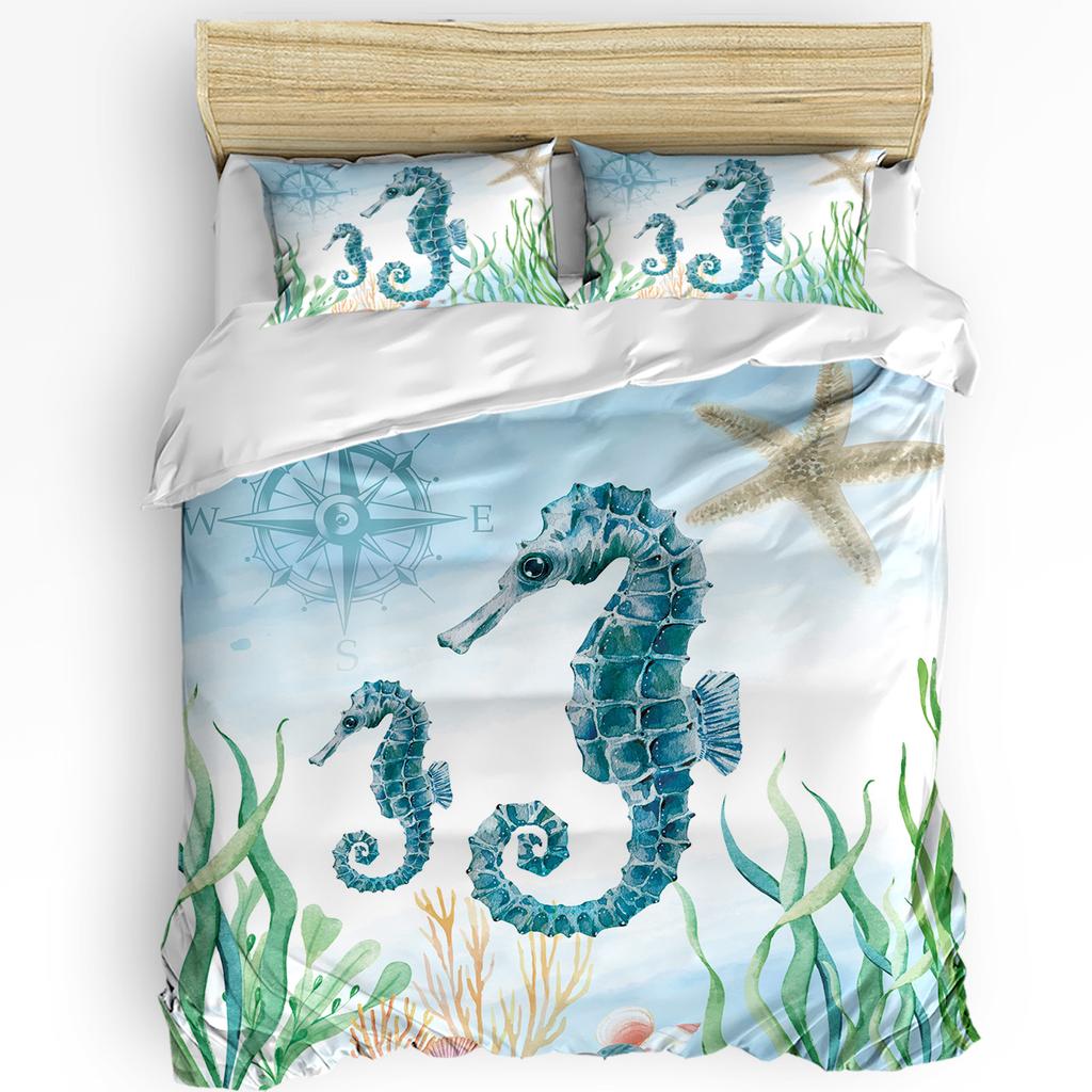 Nautical Theme Sea Turtle Starfish Compass Duvet Cover with Pillow Case 3pcs Bedding Set Quilt Cover Double Bed Home Textile