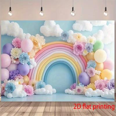 2D Happy Birthday Banner Pastel Rainbow Cloud Balloon Floral Backdrop Photography Background