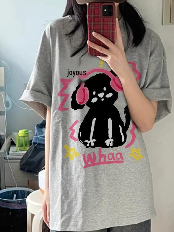 Women's Gray Cartoon Hong Kong Style Loose Fit Short Sleeve T-Shirt - Summer 2025 Collection