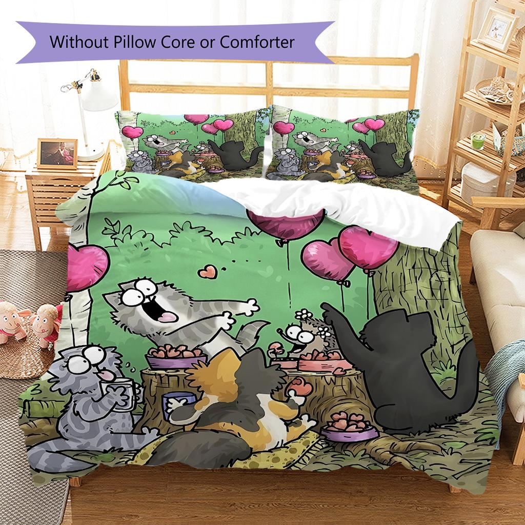 Simon's Cat Pattern Bedding,Quilt Set Quilt Cover Pillowcase Home Birthday Gift (1 * Duvet Cover + 2 * Pillowcase, Without Core)