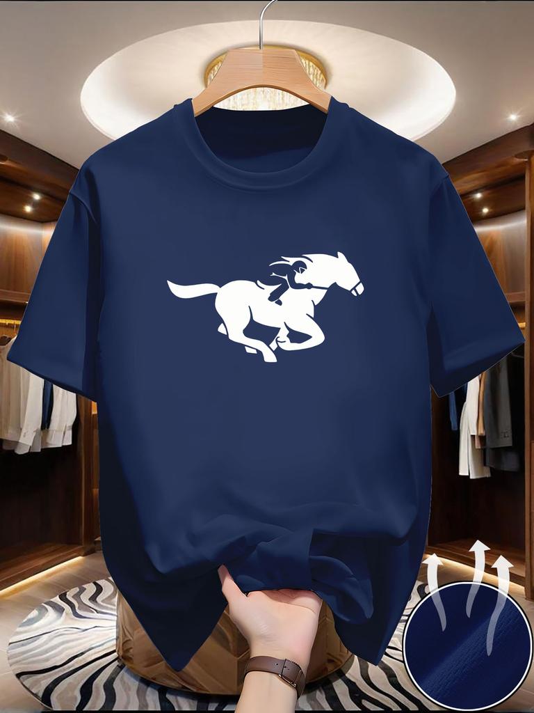 Round Neck Super Elastic Casual Cavalry print Short-Sleeved Men Daily Party Home Social T-Shirt Solid Color Vintage Streetwear