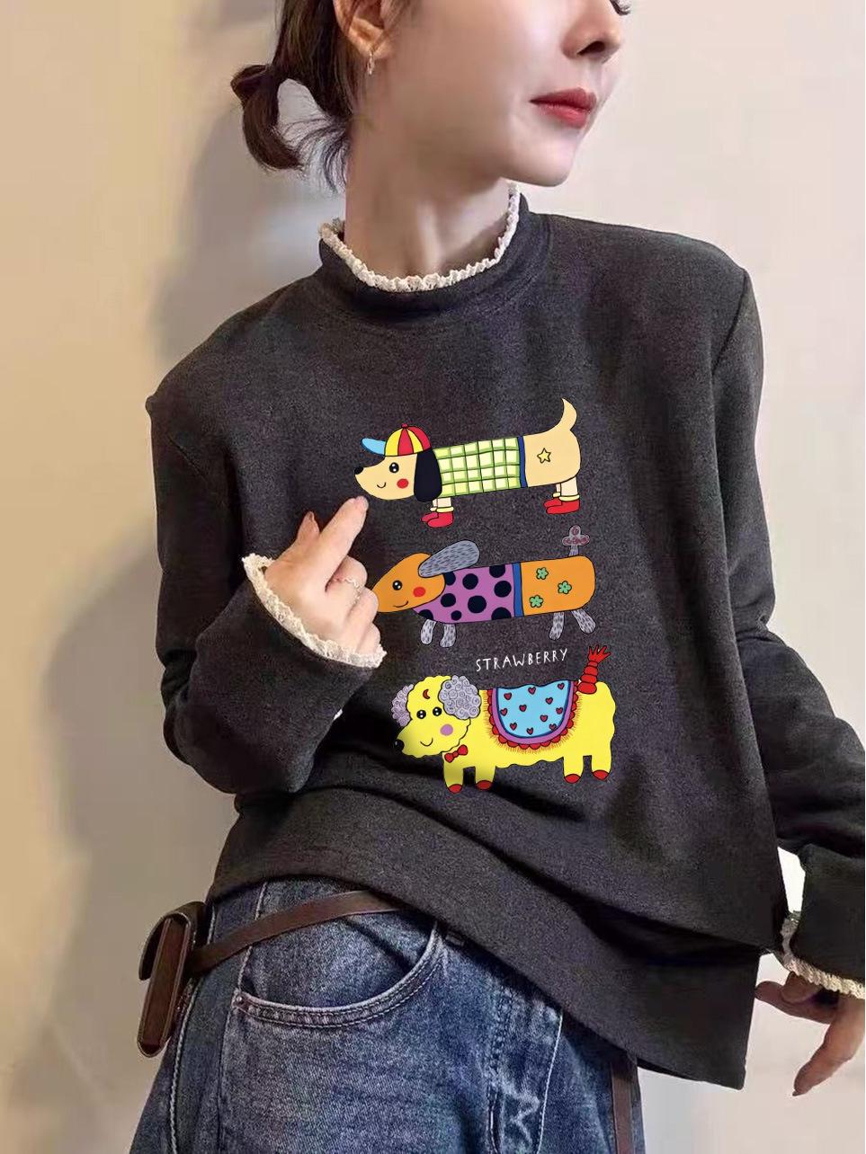 

Lace Collar Letter Print Plus Velvet Long Sleeve T-shirt for Women - Autumn/Winter Style L темно-сірий