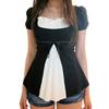 Women Black White Color Block Square Neck Bow Detail Puff Sleeve Slim Fit Casual Blouse