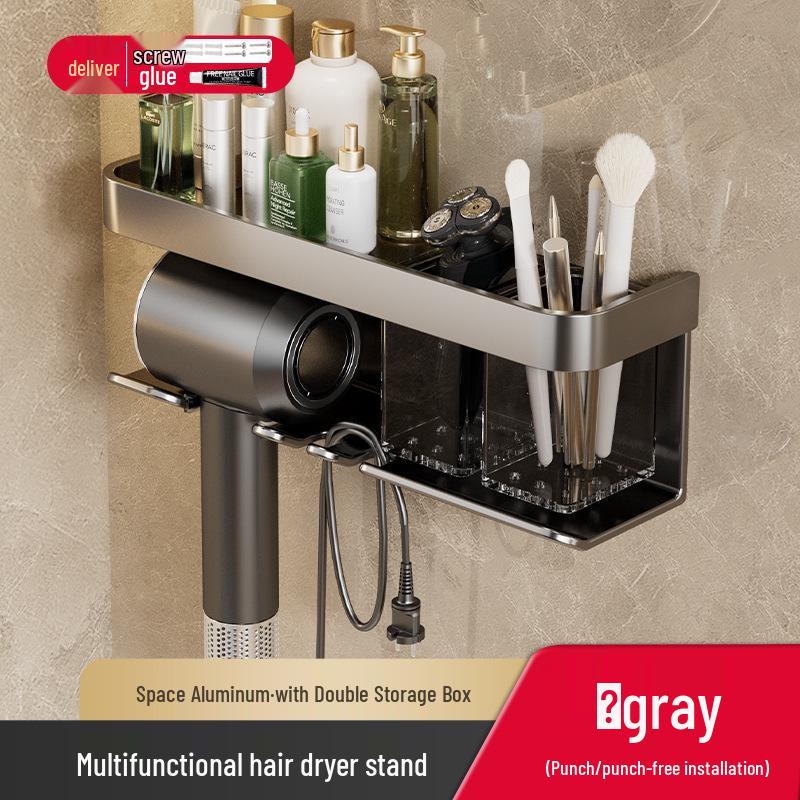 Punch-Free Wall-Mounted Hair Dryer Rack with Storage Shelf