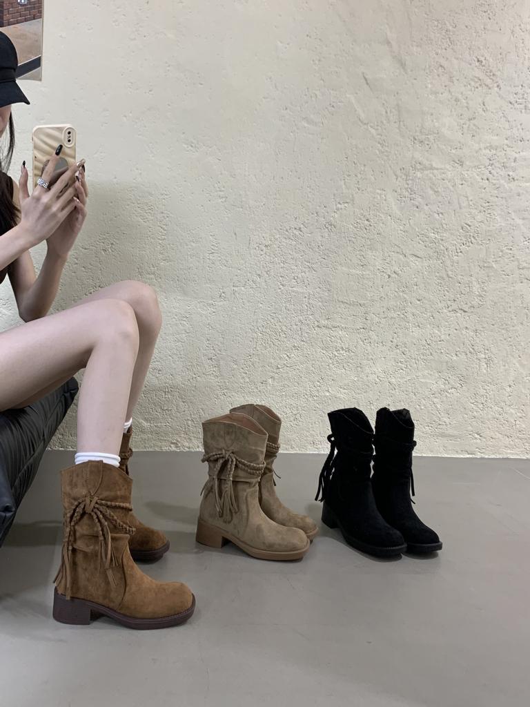 Grape mother of the same style, height increased by 5cm~ wasteland wind fringed braided belt thick heel pile medium and high boots women's Egyptian 