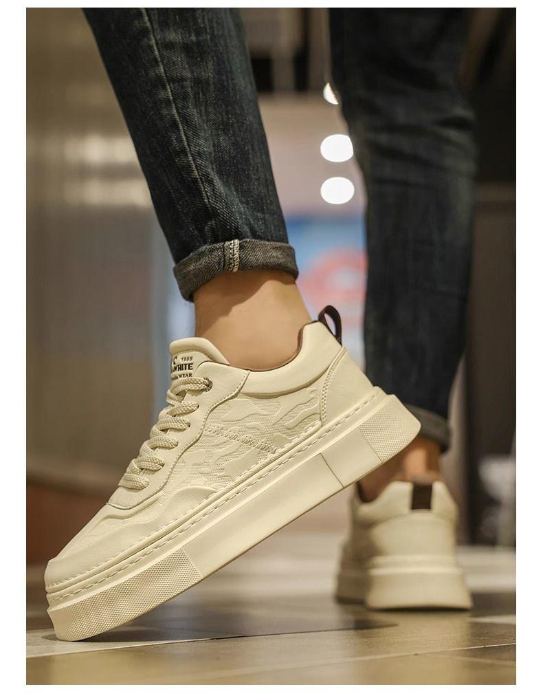 Beige Embossed Men's Breathable Thick-Soled Casual Trendy Board Shoes