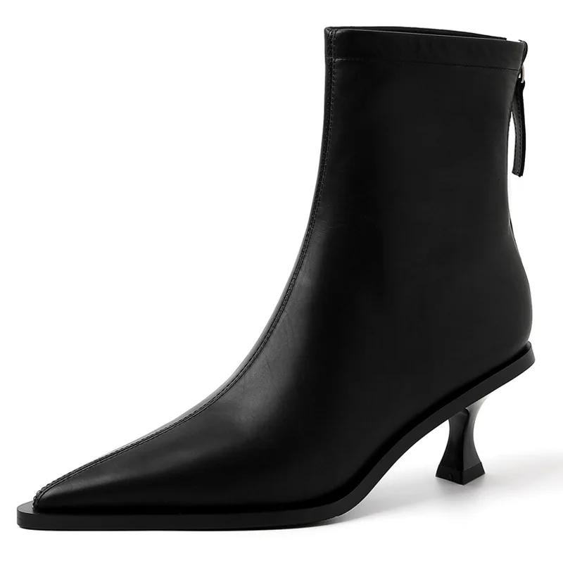 Fashion New Pointed 5.5cm Slim Heel Cowhide Back Zipper Short Boots European American Slimming Ladies' Temperament Ankle Boot Sizes34-43