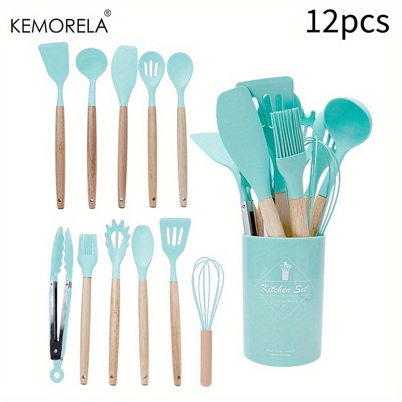 12PCS Silicone Kitchen Utensil Set with Wooden Handles Include Spatula, Spoon, Whisk, Whisking Pad, Heat Resistant, Durable