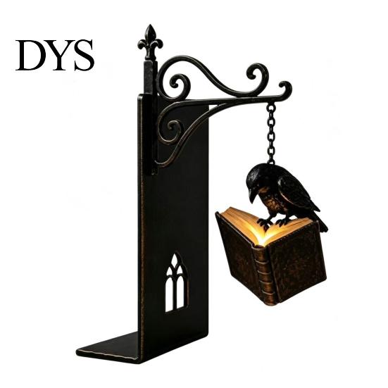 Luminous Pendant Desk Lamp Gothic Metal Bookends with Hanging Light, Cat Raven Ghost Decorative Retro Wrought Iron Book Ends Bookshelf Lamp,