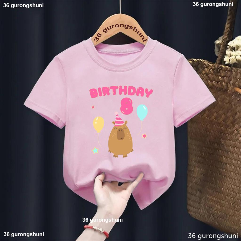 5th/6th/7th/8th/9th Birthday Capybara Balloon Printed Tshirt Girls/Boys Funny Kawaii Kids Clothes Fashion Solid T-Shirt Tops