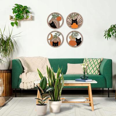 4 szt. Boho Czarny Kot Dekoracja Ścienna Geometryczna Wytłaczana Drewniana Sztuka Ścienna w Stylu Rustykalnym Zabawny Kotek Bohema Abstrakcyjny Okrągły Znak do Pokoju Dziecięcego
