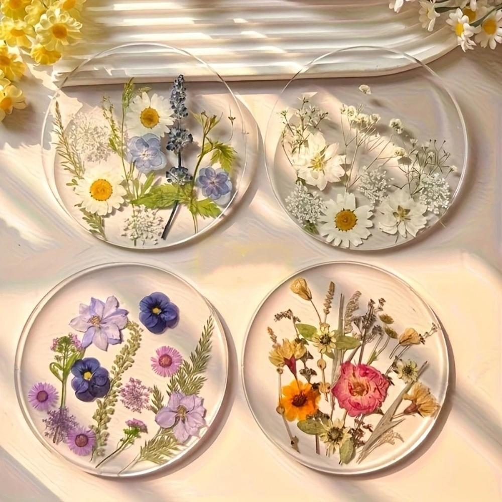 Round Floral Print Coasters Transparent Cup Mat Durable Insulation Pad Tea Table