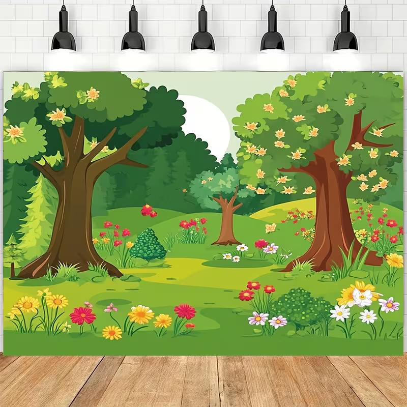 2D Flat Cartoon Spring Forest Backdrop Kids Photography Background