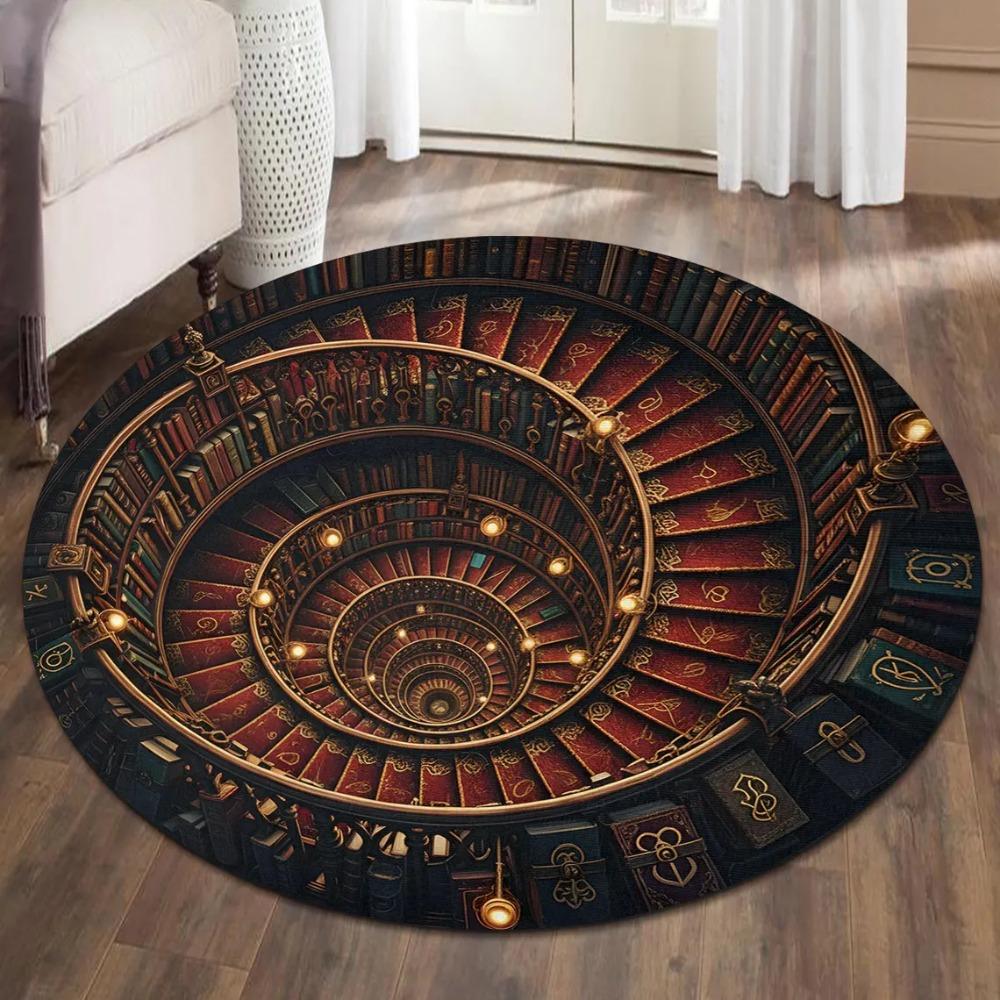 Enchanted Library Tunnel 3D Illusion Round Carpet for Book Nook Living Room Floor Mat Bedroom Literary Decor Rug