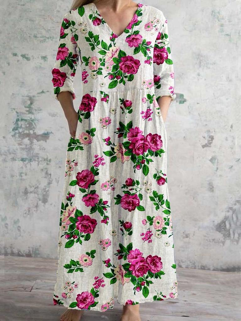 Damen Langarm V-Ausschnitt Maxi Kleid mit Streifenmuster, Knöchellanges Fließendes Kleid, Lässig Elegantes Kleid