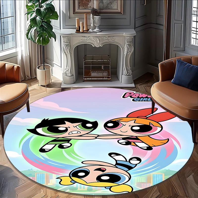 1pc Powerpuff6 Carpet, Round Rug, Comfortable, Suitable for Entryways, Living Rooms, Office, And Bedrooms, Christmas Decoration