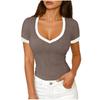 Women Short Sleeve V Neck Fitted T Shirt Trim Ribbed Knit Top for Casual Daily Wear S to XL