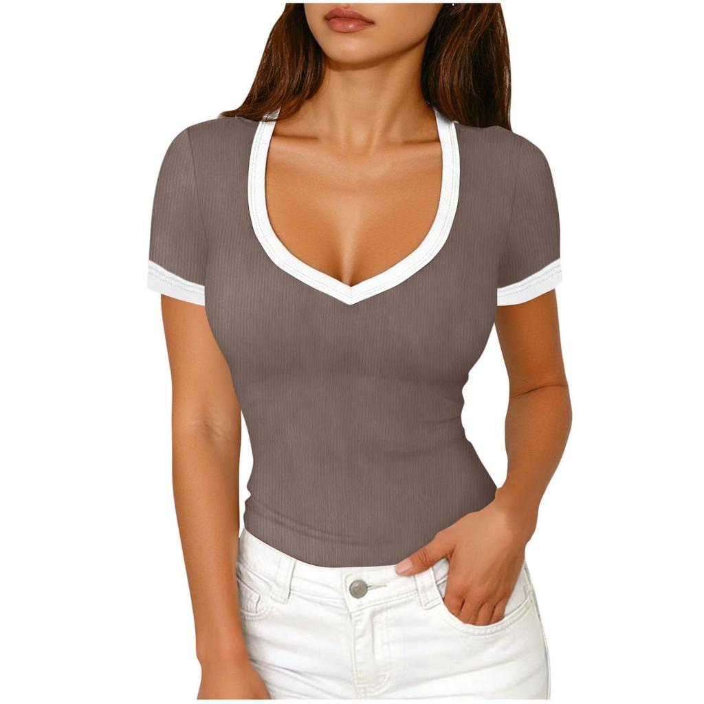 Women Short Sleeve V Neck Fitted T Shirt Trim Ribbed Knit Top for Casual Daily Wear S to XL