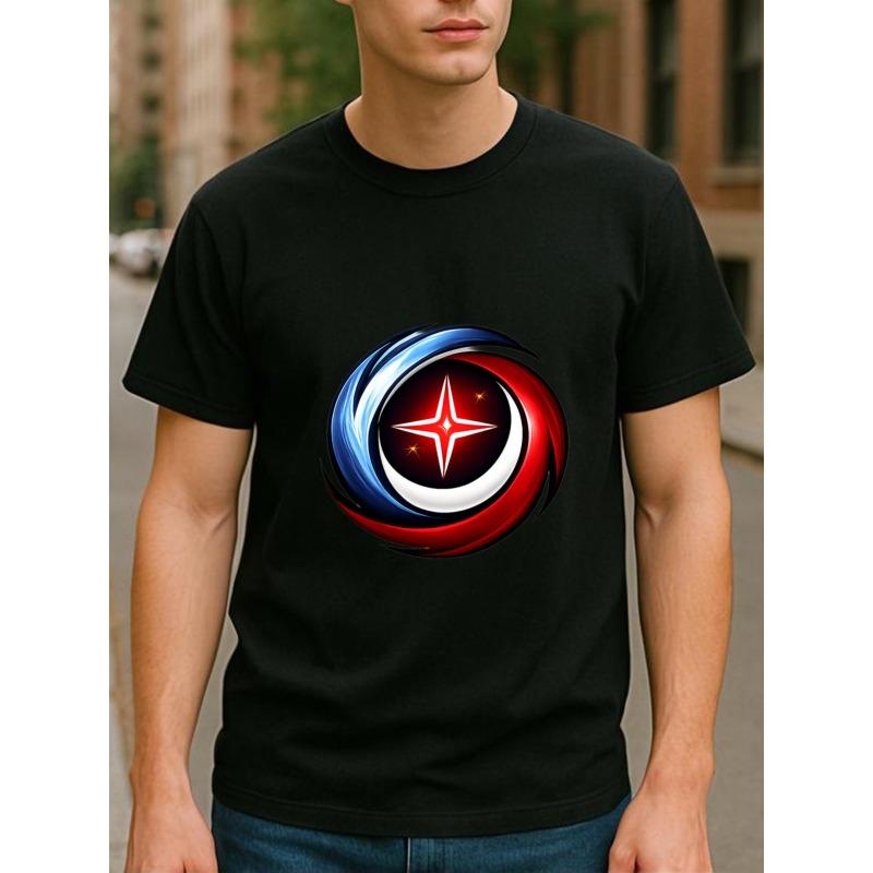 

European sizes Red, Blue and White Dynamic Star and Moon Pattern, Suitable for Daily and Home Wear, Round-neck Top, Men s Wear 4XL чорний
