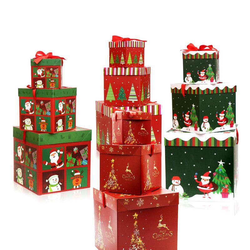 Premium Large 3pcs Christmas Gift Box With Lid  Ribbon Xmas Present Square Box