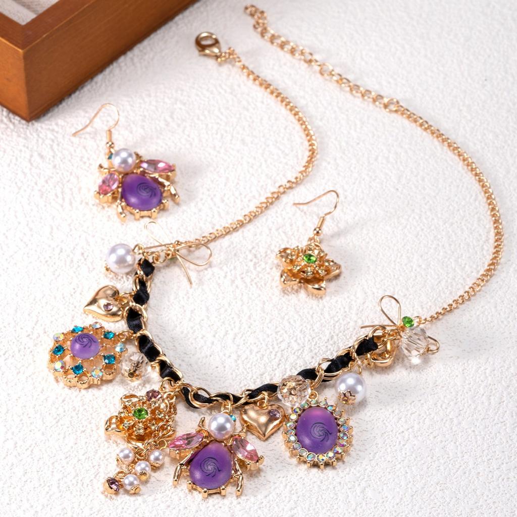 New metal gold-plated chain braided rope inlaid with gemstones bee petals stud earrings necklace set