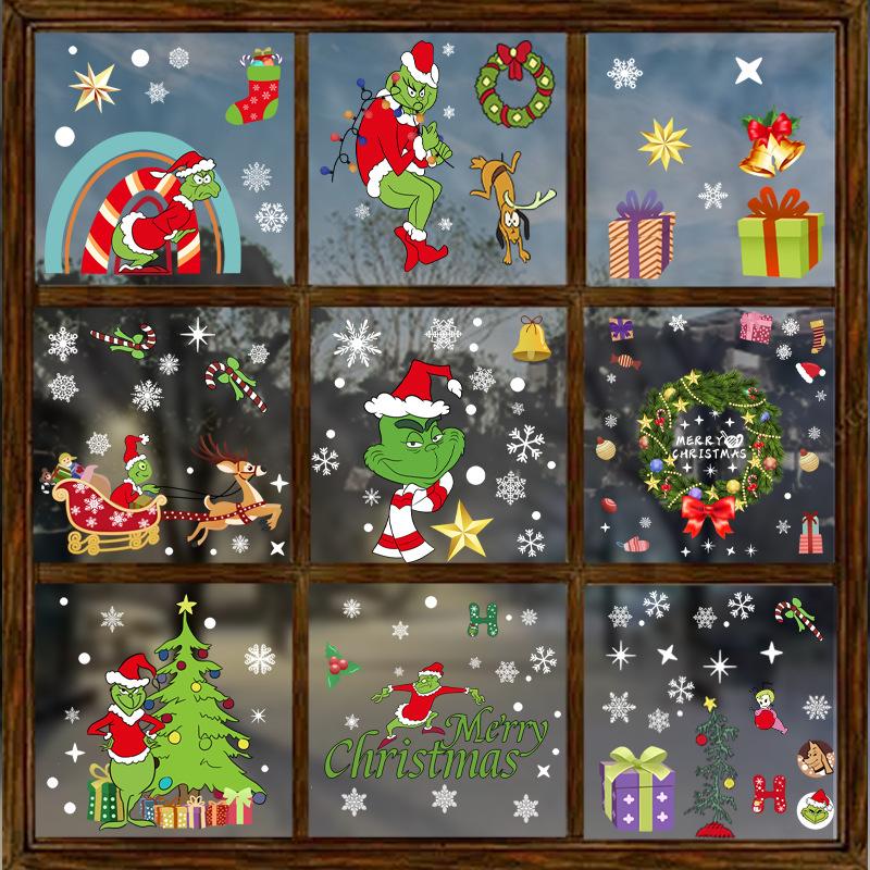 Christmas Cartoon Characters Decorate The Glass Windows with Window Display Atmosphere Stickers