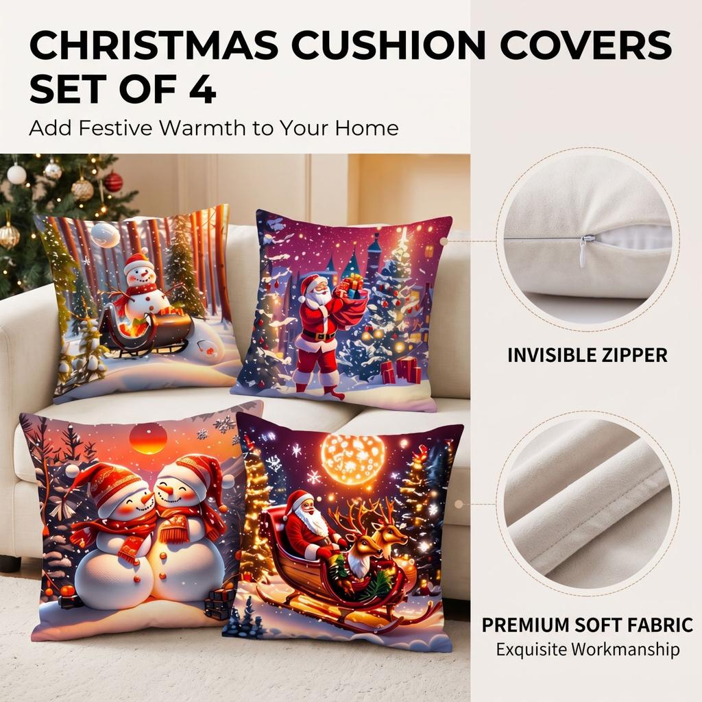4 Pack Christmas Throw Covers, Decorative Cushion Cases for Home and Sofa Decoration