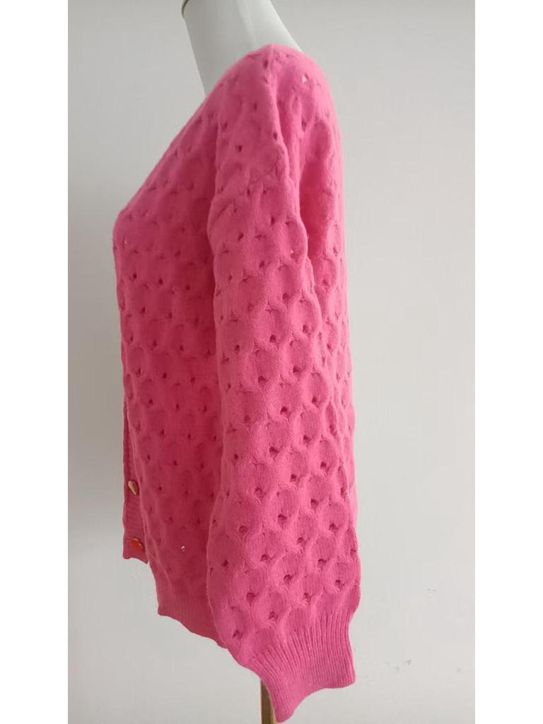 2025 Retro V-Neck Hollowed-Out Literary Sweater: European & American Style, Women's Knitted Loose Long-Sleeve Cardigan