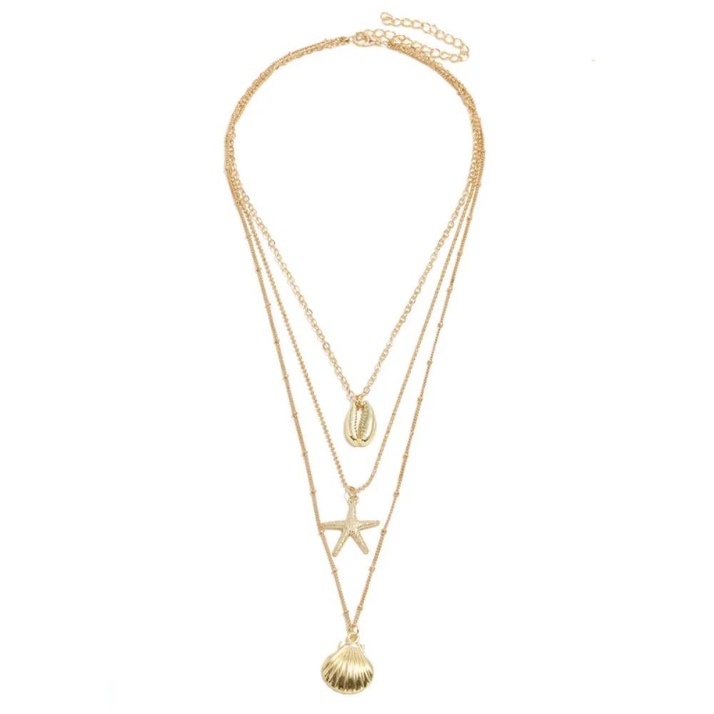 Layered Pendant Necklace, Vacation Ocean Style Sea Shell Starfish Charms Necklace Summer Beach Theme Beach Party Jewelry