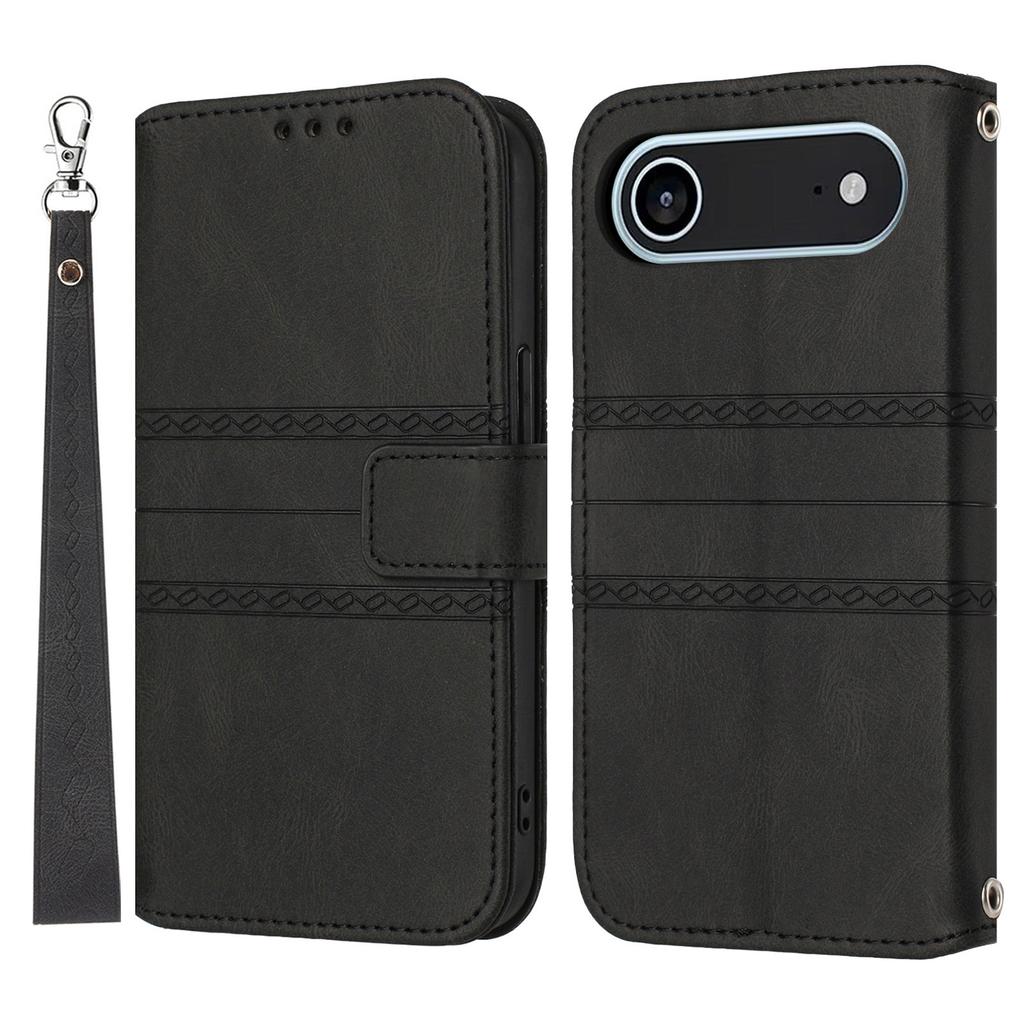 For iPhone 17 Air Case Wallet Skin-Touch Leather Imprinted Phone Cover with Wrist Strap