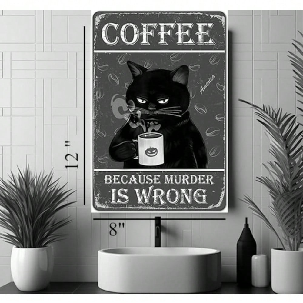 Vintage Metal Tin Sign Funny Cat Coffee Retro Wall Art Home Bar Decor