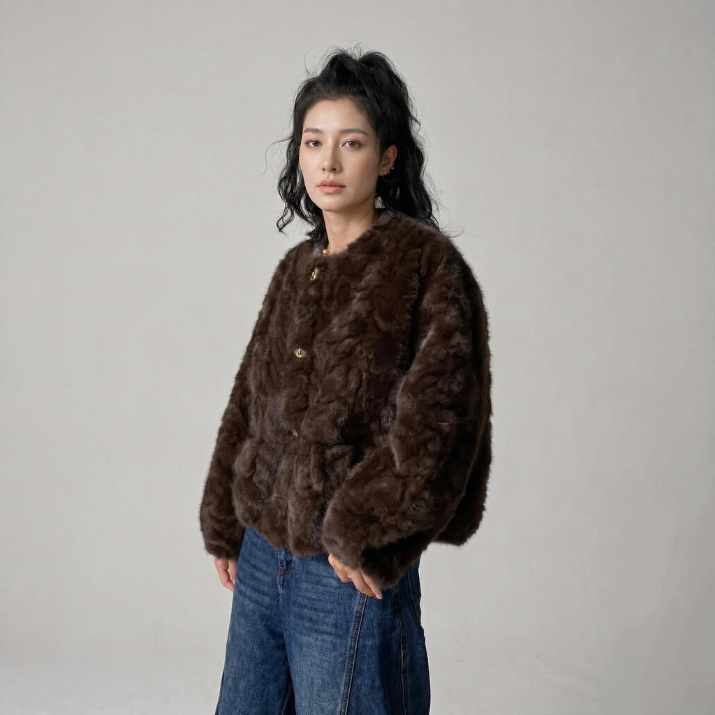 Direct supply of Xiaoxiangfeng flower fox imitation fur short loose plush pocket round neck fur integrated coat