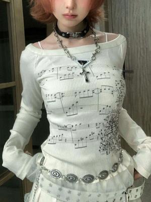 Grunge Print Y2k Aesthetic T-shirts Women Korean Cotton Slim Fit All Match Tees Female Fashion Lace Patch Long Sleeve Crop Tops