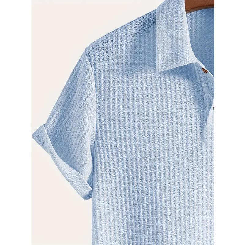 Men Waffle Knit Turn Down Collar Short Sleeve Polo Shirt Casual Breathable Solid Daily Tops
