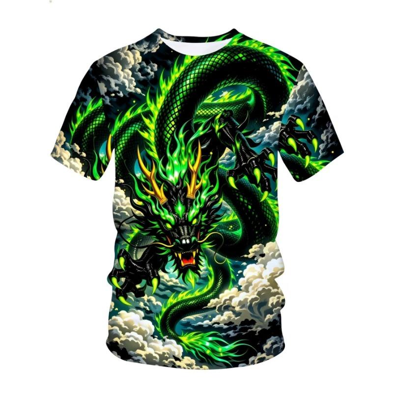 Plus Size Men S Short Sleeve T-Shirt, 3D Azure Dragon Print, Summer Top, S